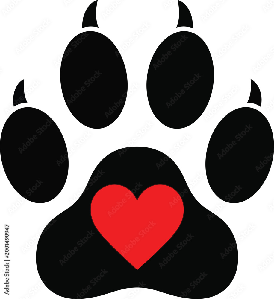 Fototapeta premium Dog paw with red heart Vector