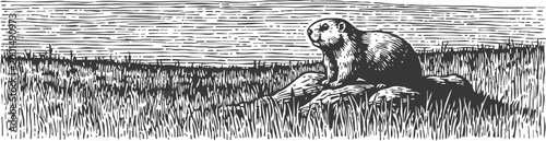 Prairie dog sitting on a rock amidst grassland, vintage woodcut illustration