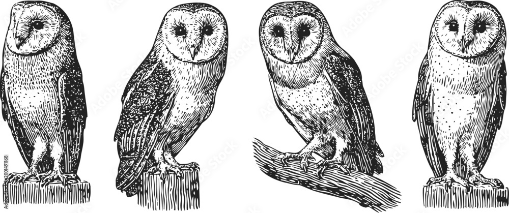 Fototapeta premium Hand drawn barn owls perched on wood branches and stumps vintage black and white bird illustrations set