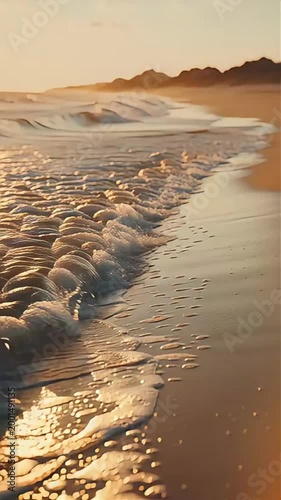 Golden light illuminates the tranquil shoreline as gentle waves recede on a pristine beach at dawn or dusk, creating a breathtaking natural scene with soft reflections