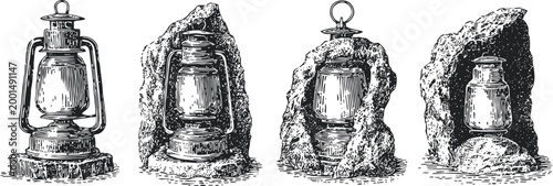 Vintage oil lanterns in natural rock crevices, antique camping lamps, rustic illumination, hand drawn engraving