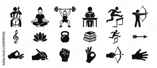 People Activities Icon Set, Sport Fitness Education and Lifestyle Symbols for Web Interface Design, Vector Graphic Elements Collection for Mobile Apps, Minimalist Human Pictograms for Business Present