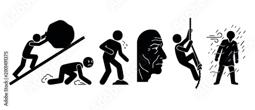 Human Struggle Icons Set, Overcoming Life Obstacles and Challenges, Vector Silhouette Pictograms Representing Resilience, Hardship, Endurance, Determination, and Mental Strength in Challenging Situati