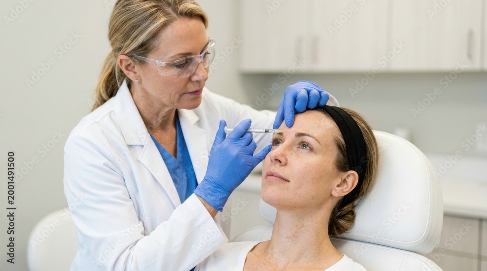 Fototapeta premium Doctor administering cosmetic injection to patient's forehead in a clinic