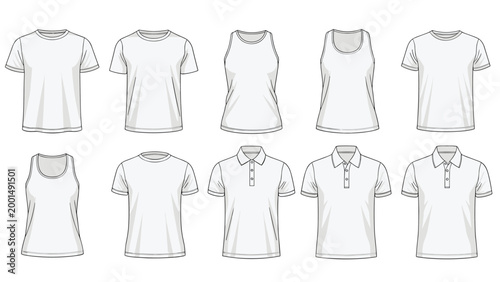 Collection of blank white shirt templates including t-shirts, polo shirts, and tank tops for fashion design and apparel mockups.