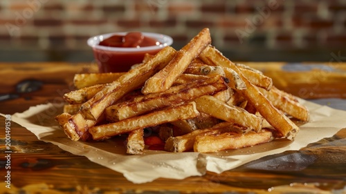 Crispy golden french fries served with red ketchup dipping sauce on rustic wooden table with parchment paper for a delicious savory snack or restaurant menu concept