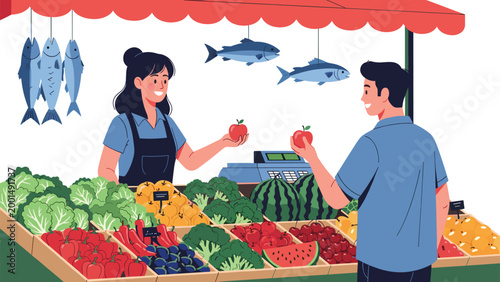 Friendly woman selling fresh organic vegetables and fruits to a customer at a local outdoor market stall.