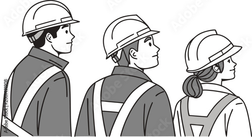 Three construction workers wearing hard hats and safety vests looking up on white background