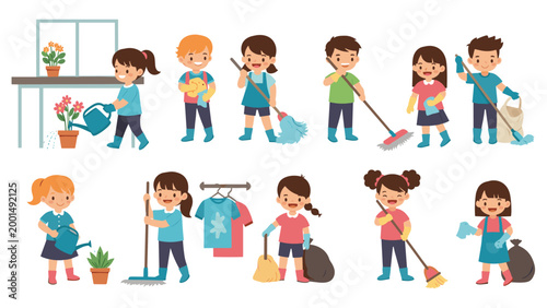 Group of industrious children performing household and gardening tasks like watering plants, sweeping, mopping, and cleaning.