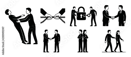 Business Concept Icons Set: Trust, Partnership, Leadership, and Teamwork Vector Illustrations for Corporate Strategy, Collaboration, Conflict Resolution, and Professional Relationship Communication Sy