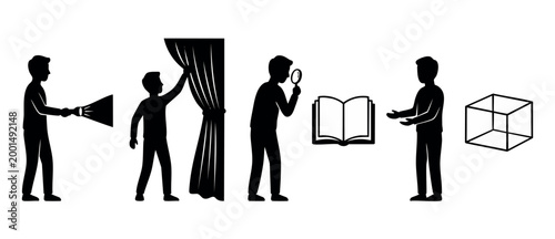 People Investigation Icons Set, Discovering Facts and Research Concepts. Man holding flashlight, opening curtain, using magnifying glass, reading book, and analyzing cube shape, flat black vector grap
