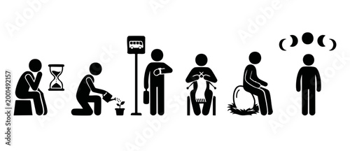 Stick figure icon set showing daily life activities and human behaviors, patience, growth, waiting, knitting, and life cycles, isolated on white background, minimalist flat vector infographic illustra