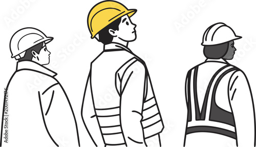 Three construction workers wearing hard hats and safety vests, looking up, isolated on white
