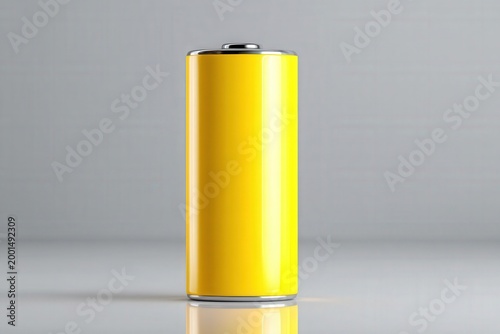 Yellow battery standing upright on reflective surface with grey background, clean minimal energy concept with copy space for technology advertising design.