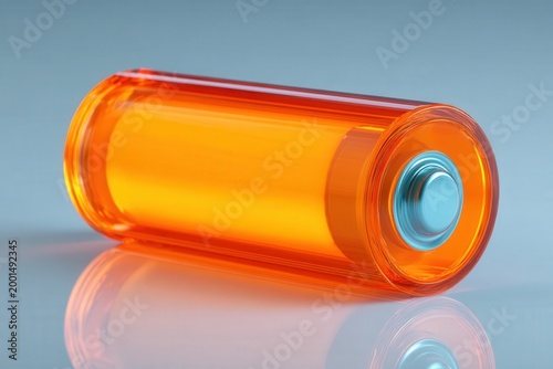 Orange cylindrical battery close up on reflective surface with blue background, clean modern energy concept for technology, innovation, and power branding visuals.