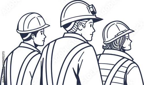 Three construction workers wearing hard hats, looking up, isolated on a white background, flat