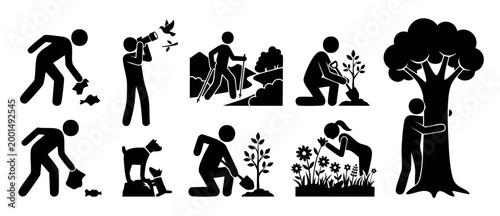 People in Nature Icons Set - Hiking, Gardening and Environmental Care - Vector Collection of Human Activities and Eco-Friendly Lifestyle Concepts for Sustainability, Conservation and Outdoor Recreatio