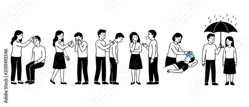 People comforting friends characters set, emotional support and care concept, helping stressed or sick persons, mental health, compassion, empathy, kindness, flat vector line art illustration, white b