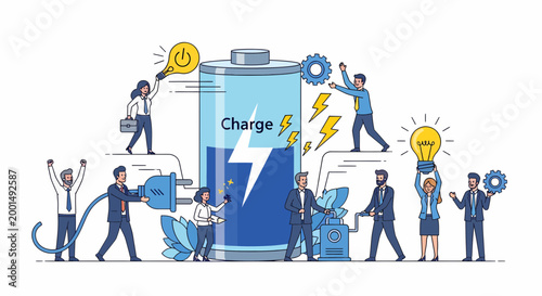 Employees manage a large battery charging station to signify the importance of energy efficiency and sustainable power management.