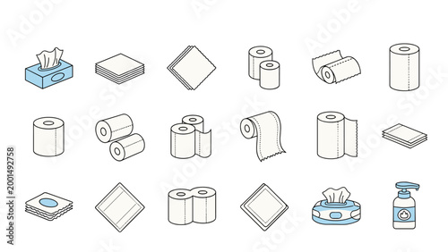 Extensive collection of various paper and hygiene products including toilet rolls, napkins, tissues, and hand sanitizer icons.
