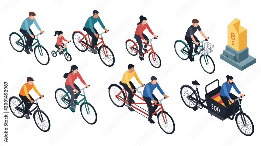 Obraz premium Isometric collection of people riding different types of bicycles such as mountain bikes, a tricycle, a tandem bike, and a cargo bike.