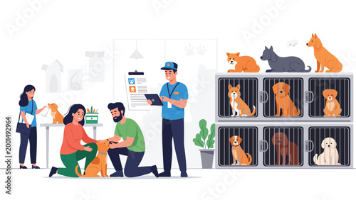 Heartwarming scene at an animal shelter with volunteers caring for dogs in cages and a couple adopting a new pet dog.