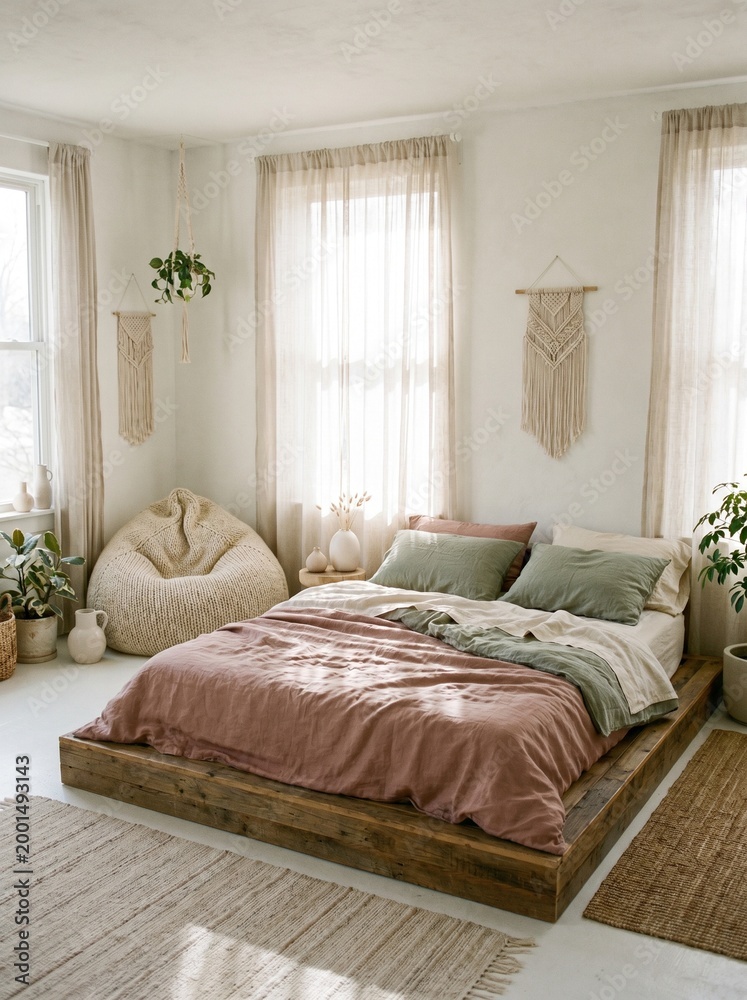 Fototapeta premium Cozy bohemian bedroom interior with warm peach and pink bedding