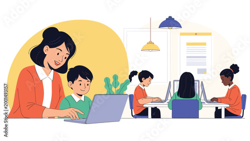 Supportive teacher or mother guiding a young boy using a laptop while other students work on computers in the background.