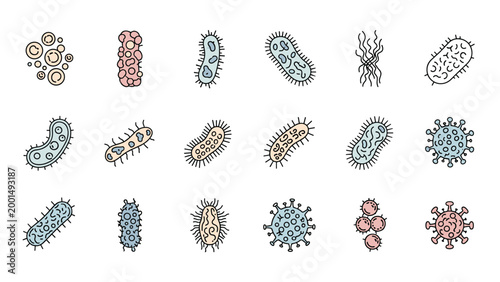 Set of hand drawn bacteria and virus icons representing various germs and microorganisms for medical or scientific use.