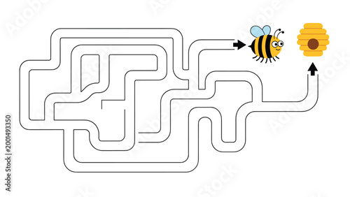 Educational maze puzzle game for children featuring a cute cartoon bee trying to find its way to a yellow honeycomb hive.