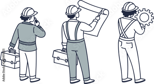 Three construction workers with toolboxes, blueprints, and gear on a white background