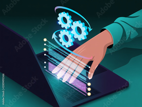 A hand interacts with a laptop surrounded by digital gears and lines