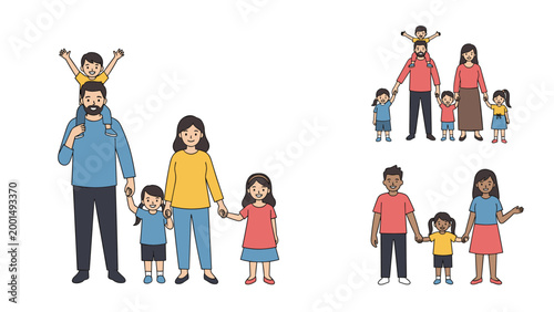 Illustrations of diverse families standing together showing happy parents and children from different ethnic backgrounds.