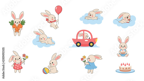 Adorable bunny rabbit illustrations in various fun poses like driving a car and sleeping on a cloud for kids and nursery.