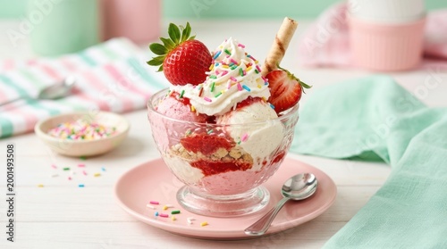 Delicious strawberry and vanilla ice cream sundae with whipped cream and sprinkles