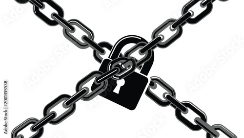 Heavy black chains arranged in a cross shape with a large padlock in the center to symbolize security, confinement, or restriction.