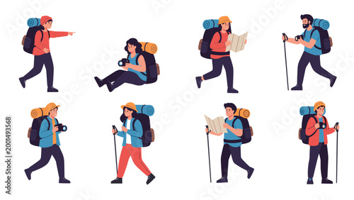 Collection of hikers and travelers with backpacks engaged in various outdoor activities like trekking and taking photos.