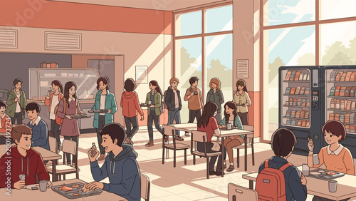 Lively scene of a crowded school cafeteria where students are eating, socializing, and buying snacks from vending machines.
