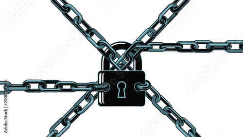 Strong metal chains secured by a heavy black padlock in the center representing security, protection, and restricted access.