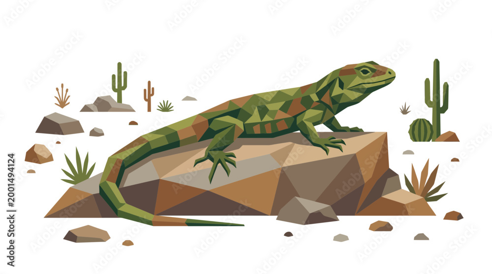 Fototapeta premium Geometric Desert Lizard on Rock, Polygonal Style, Cactus and Desert Landscape