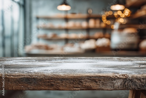 Rustic wooden table dusted with flour in a bakery with warm, blurred background lights