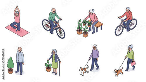 Isometric illustrations of active seniors participating in various healthy hobbies like yoga, cycling, and gardening.