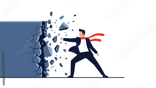 Powerful businessman punching through a concrete wall to represent breakthrough, determination, and overcoming career obstacles.