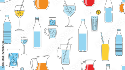 Refreshing seamless pattern featuring a variety of beverages including bottled water, fruit juices, and iced drinks in glasses.