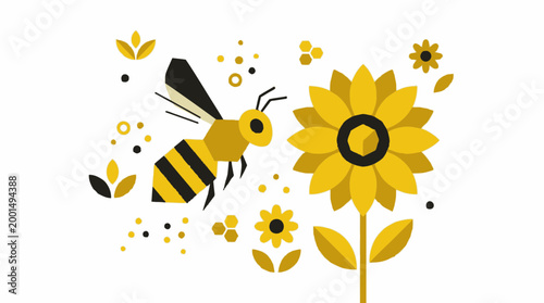 Geometric Bee Flying Towards Sunflower, Minimalist Vector Illustration