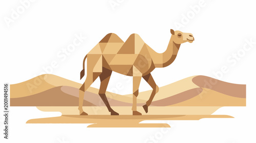 Geometric Camel Walking Through Desert Sand Dunes, Minimalist Style