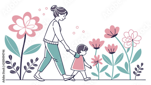 Mother walking with child holding hands among flowers illustration in soft pastel style showing family love and gentle parenting in nature