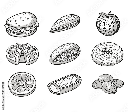 hand drawn illustrations of fruits and bred