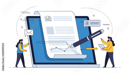 Collaborative digital content creation scene featuring two professionals working on a large document displayed on a laptop screen with icons.