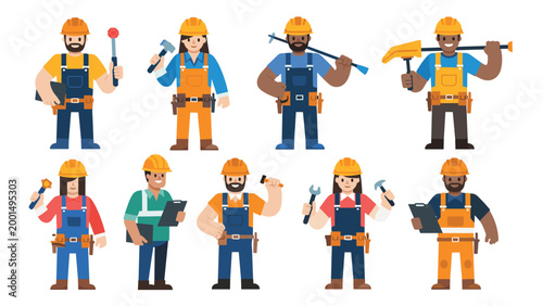 Diverse group of professional construction workers wearing safety gear and carrying tools like hammers, wrenches, clipboards, and measuring tapes.